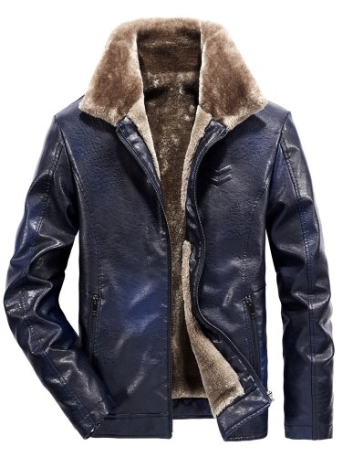 Men's Thicken Fluffy Lined Zipper PU Jacket for Winter