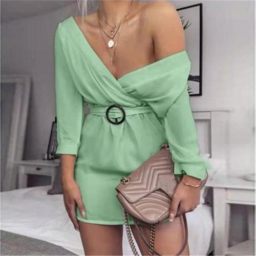 Sexy V-neck Solid Color Long Sleeve Dress