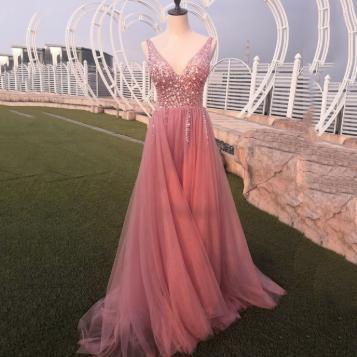 Fashion Pink Sexy Deep V Split   Dress