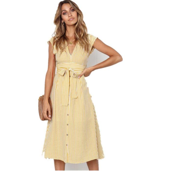 2020 Summer Dress Women Sleeveless Casual Stripe Dresses V Neck Bangage Midi Dress Female Knee Length Vintage Sundress For Lady