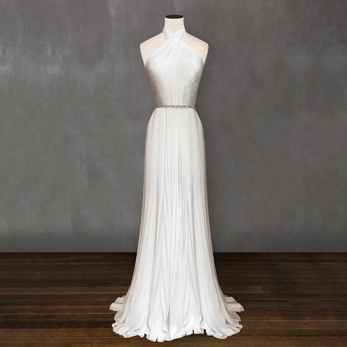Elegant Hanging Neck Pure White Evening Maxi Dress