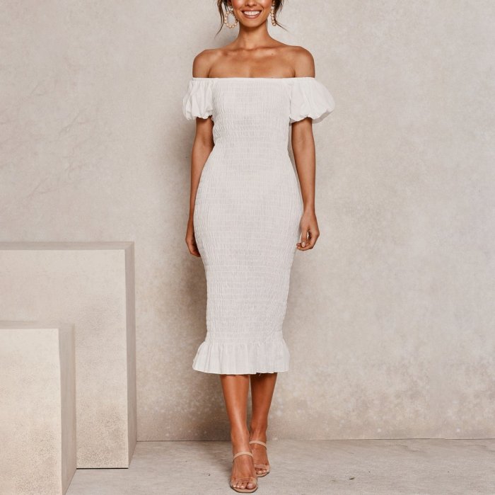 Off-the-shoulder slim-fit pleated puff sleeve bodycon dress