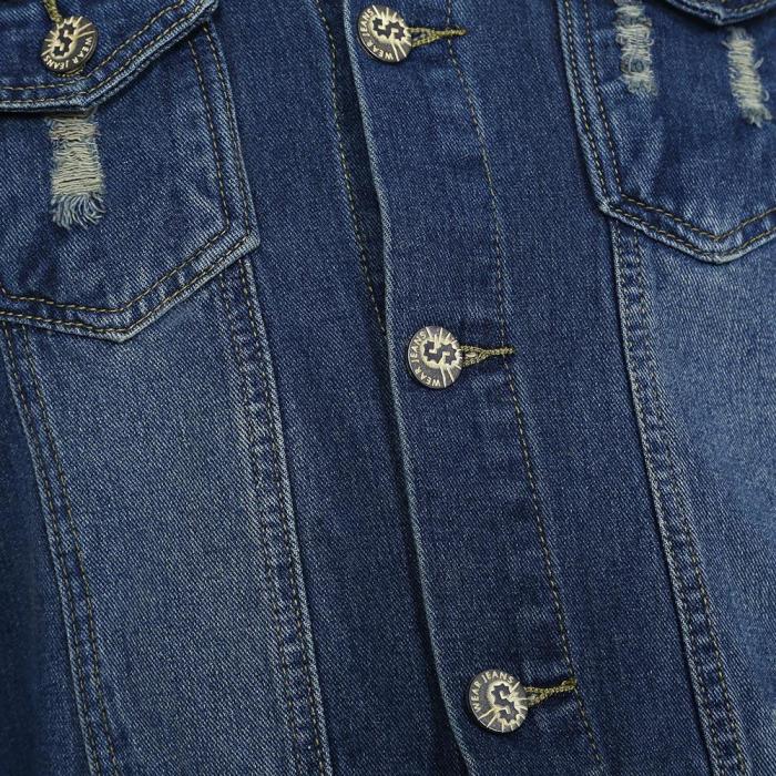 Holes Turndown Collar Chest Pocket Male Slim Fit Denim Jacket 9596