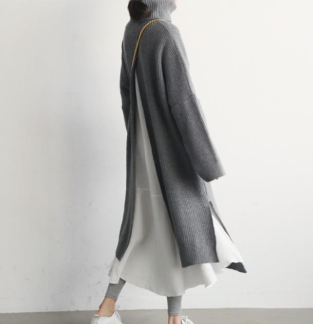 Casual Simple Pure   Color Loose High Collar Knitted Sweater Maxi Dress