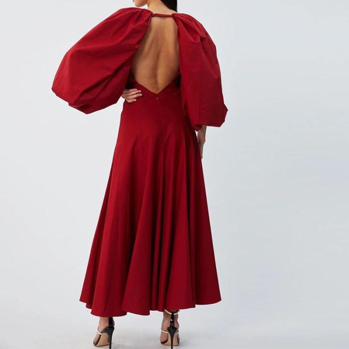 Fashion Elegant Deep V Neck Puff Sleeves Maxi Dress