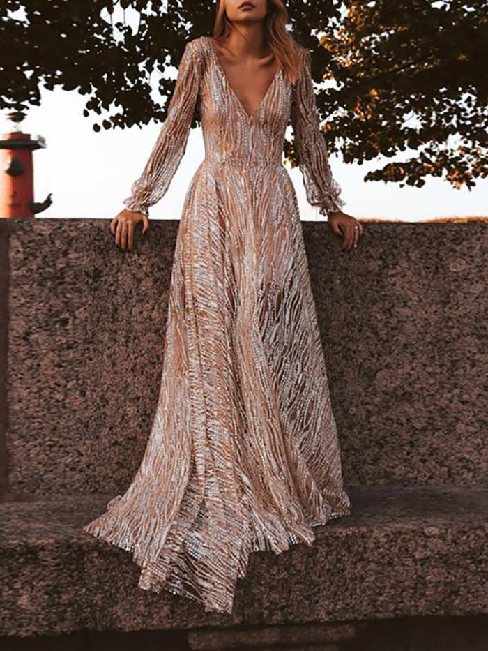 Elegant Deep V Lace Long Sleeve Slim Dress