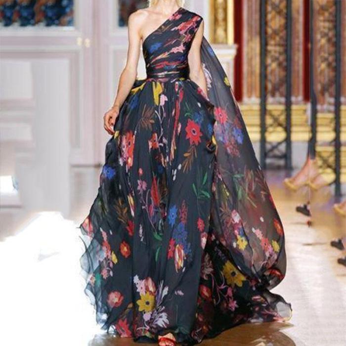 Fashion Single Printed Chiffon Maxi Dress