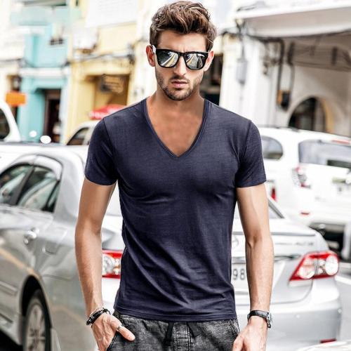 V-Neck Washed Cotton Solid Color   Men's Casual Advertising Shirt