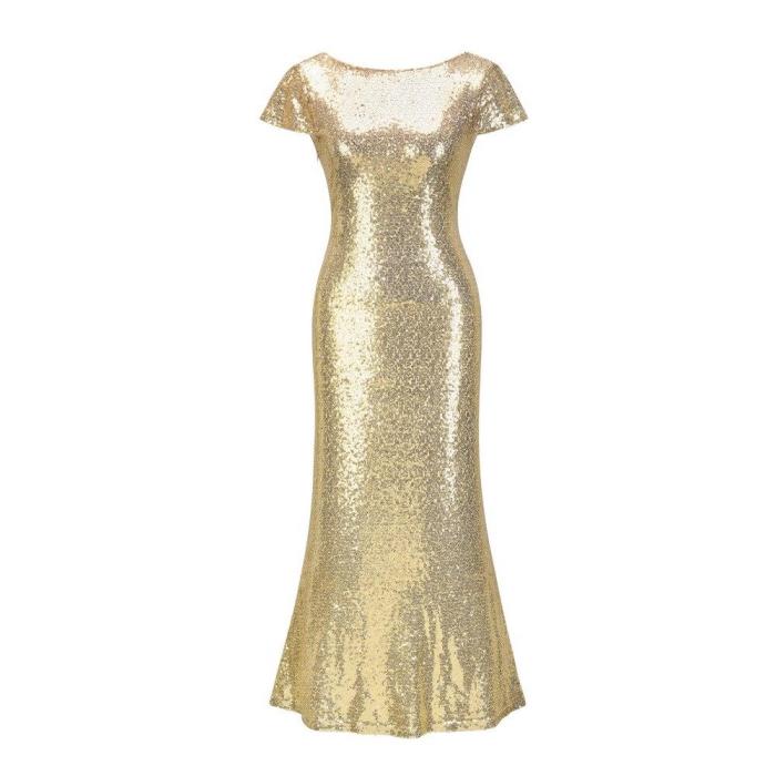 golden Prom Dress Long elegant ceremony party dresses Round collar sequins evening dresses sexy mermaid evening gowns