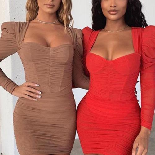 Sexy long-sleeved solid color double layer gauze dress