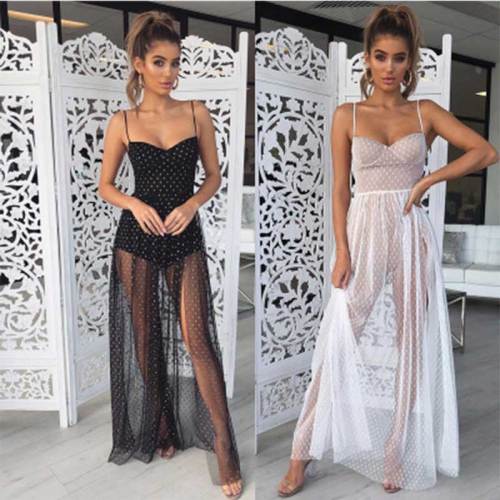 Mesh Polka Dot Dress Women Split Maxi Dress Spaghetti Strap Beach Summer Dresses Holiday Vestidos Transparent Dress