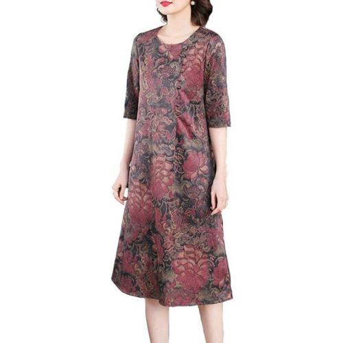 Women Summer New Printing Silk Dresses 2019 Middle-aged Half Sleeves Loose Plus size Dress Vintage O-Neck Elegant A-line Dress