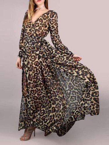 Women Leopard V Neck Long Sleeve Chiffon Maxi Dresses