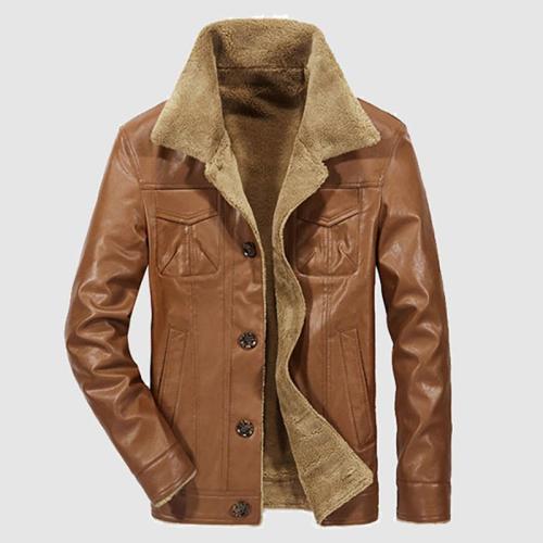 Mens Business Thick Warm Wide-Collared Leather Jacket