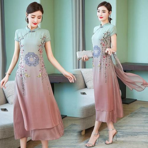 Silk dress female2019summer new improved cheongsam short-sleeved printing vestidos large size M-3XL high quality elegant Dresses