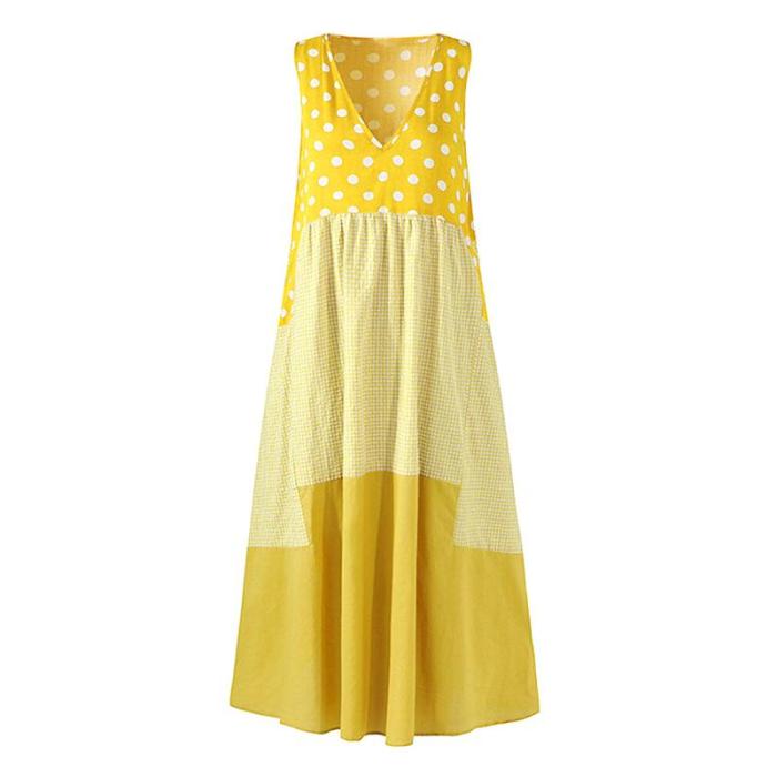 Sleeveless Fashion Big Size V Neck Dot Striped Patchwork Floor Length Maxi Dress