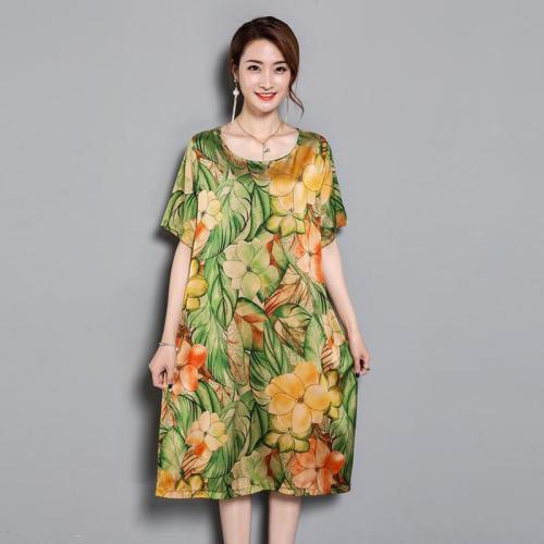 Vintage Floral Print Dresses Women Summer Casual Short Sleeve Soft Silk Dress Female Elegant O-Neck Loose Plus Size Vestidos 4XL