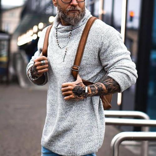 Men's fashion light gray pile collar sweater