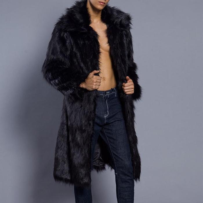 Men's Square Collar Faux Fur Long Coat