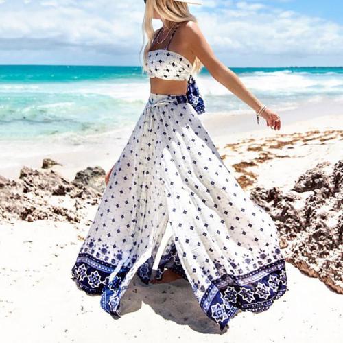 Bohemian Belted Two-Piece Bare Back Printed Colour Dress