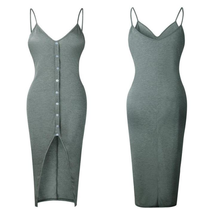 Summer New Women Bandage Bodycon Fashion Sexy Slim Buttons Plain Strappy Sleeveless Slit Dress Pencil Mini Dress