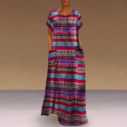 Maxi Long Dress 2020 Women Casual O Neck Short Sleeve Vintage Printed Dresses Plus Size Bohemian 5XL Maxi Dresses