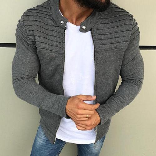 Men's Solid Color Striped Pleated Paneled Cardigan Sweater Jacket