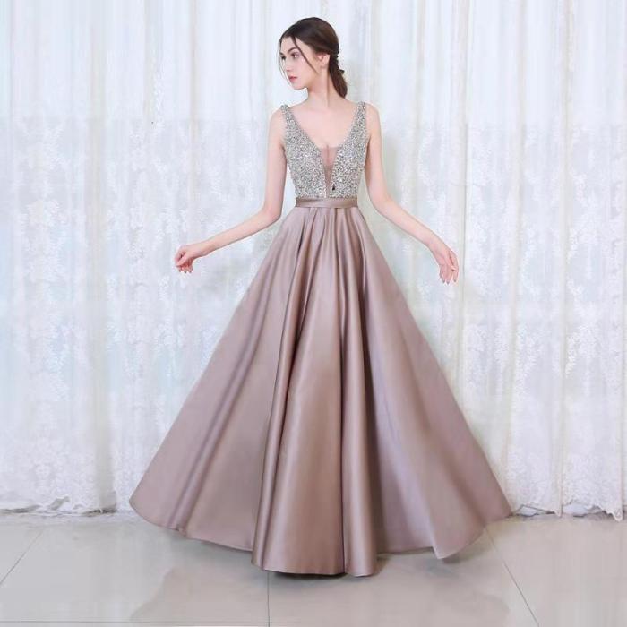 BacklakeGirls New Arrival Floor Length Sexy V Neck Satin Evening Dress Sequined Prom Gowns Plus Size Vestido Largo De Noche
