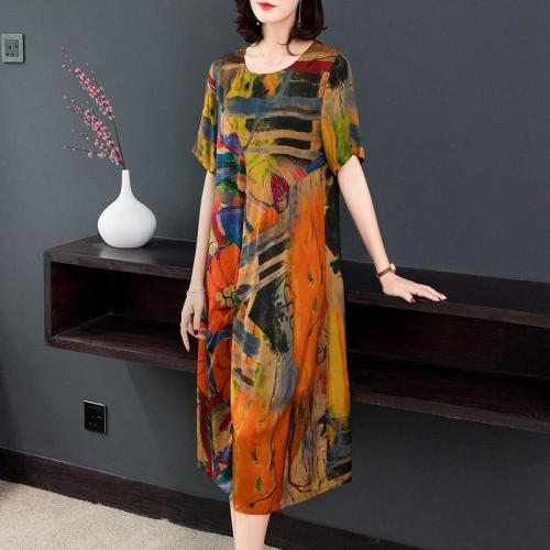 Silk vintage dress female 2019 autumn new fashion loose printed dress large sizeM-4XLhigh quality elegant women's party vestidos