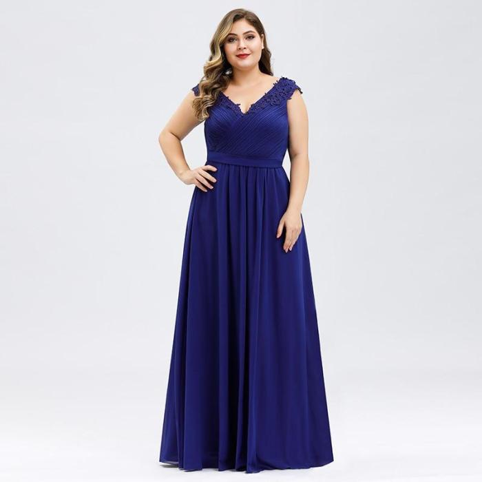 Elegant Evening Dresses Plus Size A-Line V-Neck Appliques Sleeveless Ruched Chiffon Formal Evening Party Gowns Robe Longue 2020