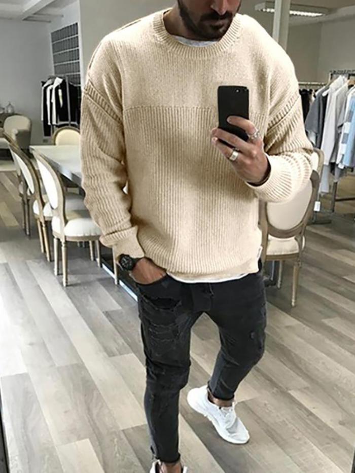 Men's Simple Round Neck Pure Colour Sweater