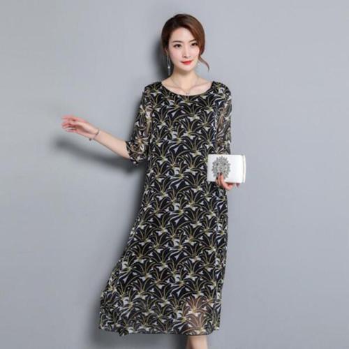 China Style Elegant Printing Women Dress 2018 New Summer Fashion Silk Short Sleeve Classic Round Collar Loose Slim Lady Dresses