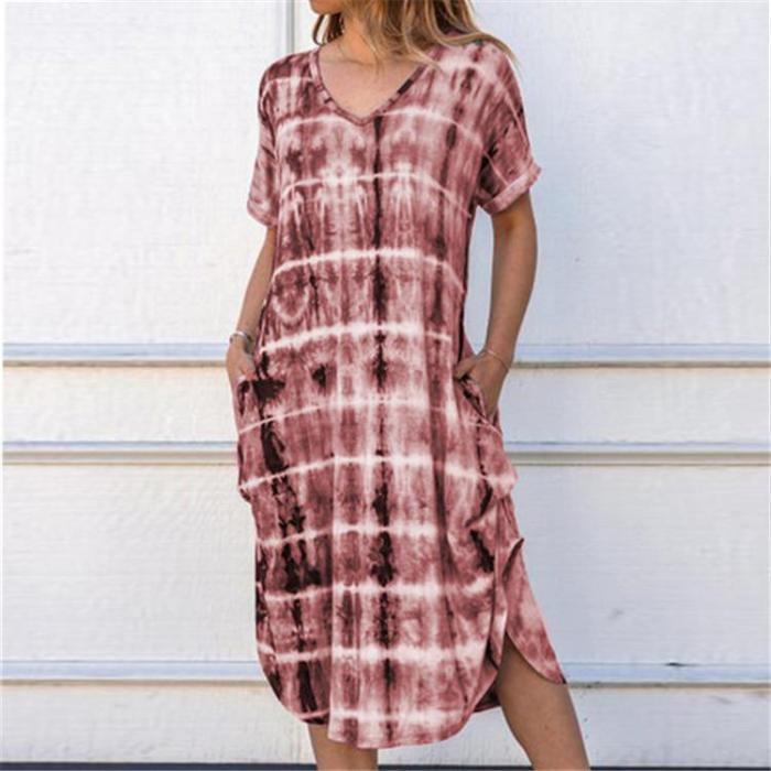 2020New Spring Summer Women Dresses Short Sleeve V-Neck Wide Loose Fork Print Woman Dress Casual Beach SunDress