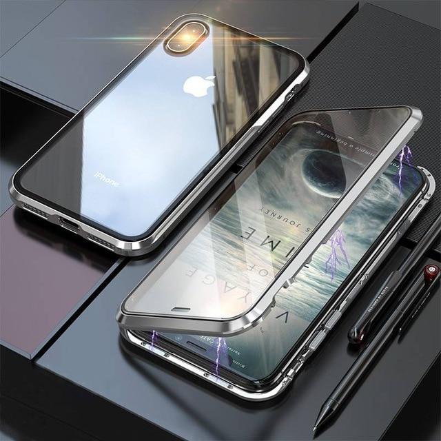 360 Full Protection Metal Case For iPhone X XS XR XS Max Front + Back Clear Tempered Glass Case For iPhone Magnet Cover