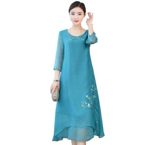 2019 Summer Women Dress Elegant Floral Three Quarter Sleeve Vestidos Chinese Vintage Print Faux Silk Dresses High Quality
