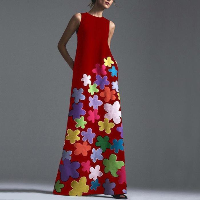 Fashion Round Collar Printing Maxi Dresses