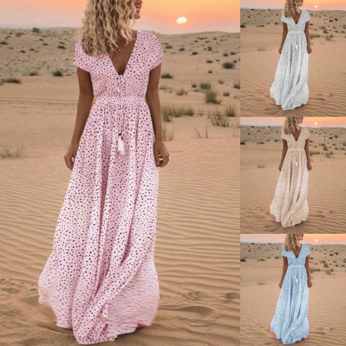 Fashion Short Sleeve Dot Print Tassels V Neck Long Dress Beach Maxi Dress