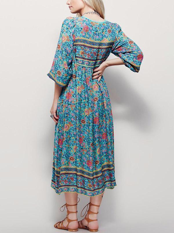 Romantic Blue Floral 3/4 Sleeve Bohemia Dress Maxi Dress