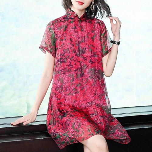 Silk dress female 2019 summer new retro improved cheongsam print short-sleeved dress large size M-4XL high quality vestidos