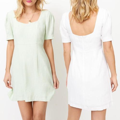 Casual Solid Color Cotton Linen Women Dress Low-cut Summer Dresses ZD001