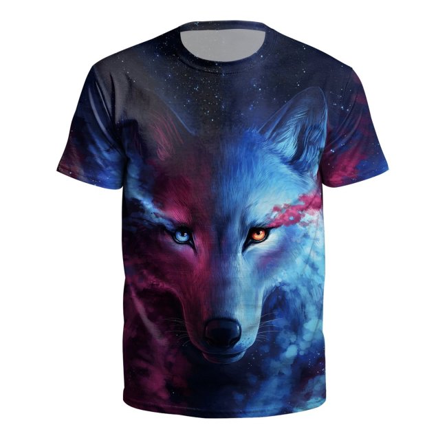Wolf Printed Round Neck Pullover Short Sleeve T-shirt