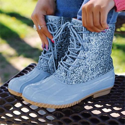 women mid-calf boots low heels chaussure vintage shiny glitter deco lace up shoes woman w36  botas mujer invierno