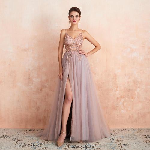 Sexy Spaghetti Straps Evening Dresses 2019 New Arrival V-Neck Rhinestones Beading Formal Prom Gowns with Slit robe de soiree