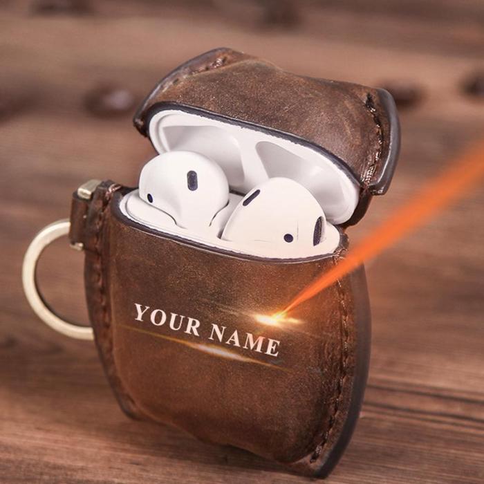 Custom Name Oil Nubuck Leather AirPod Case Cover With Keychain