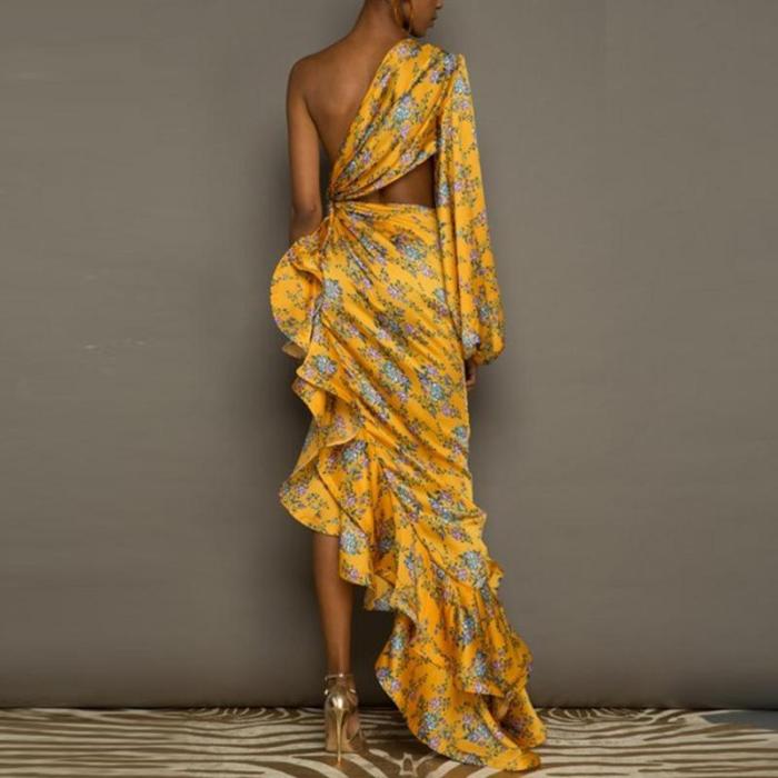 Sexy Oblique Shoulder Single Sleeve Irregular Lotus Margin Evening Dresses