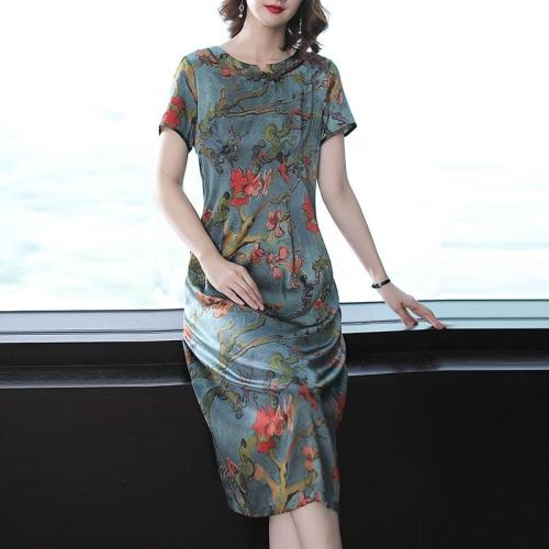 Silk Print Dress 2019 Summer New Slim Print Vintage Cheongsam Short Sleeve Dress Large Size L-4XL High Quality Elegant vestidos