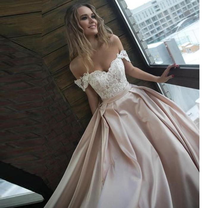 BEPEITHY Off The Shoulder Long Evening Dress Lace Bodice Vintage Sweetheart Formal Gown With Pocket Vestido De Festa Prom Dress