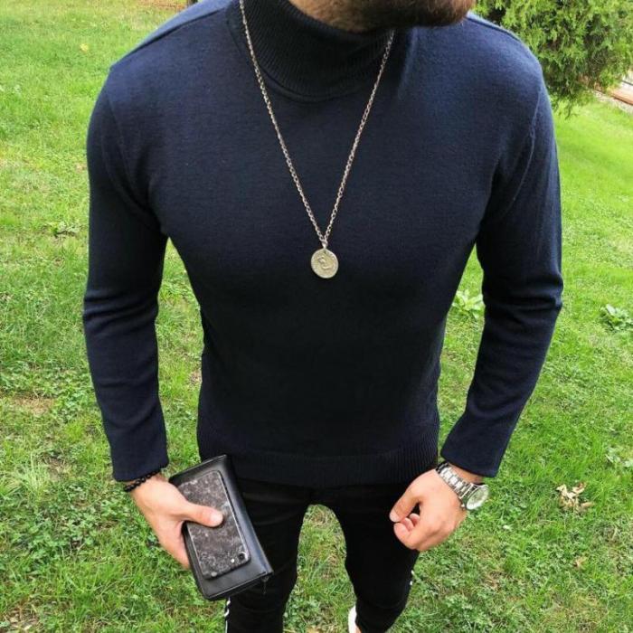 Men Casual High Neck Solid Color Sweaters