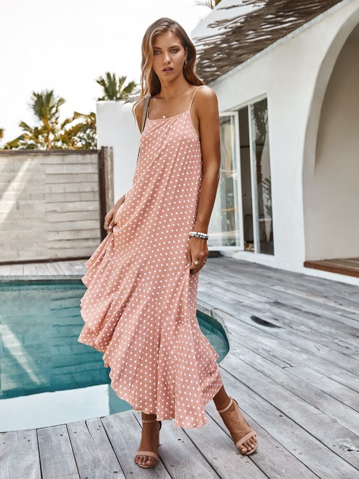 Boho Summer Dress Woman Spaghetti Strap Polka Dot Woman's Dress Loose Ruffle Dresses Summer Casuak Boho Beach Dress Vestido Robe