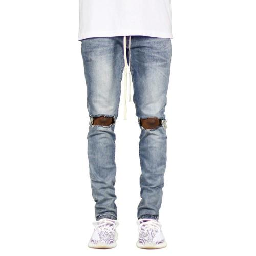 Casual Mid Waist Hole Solid Jeans